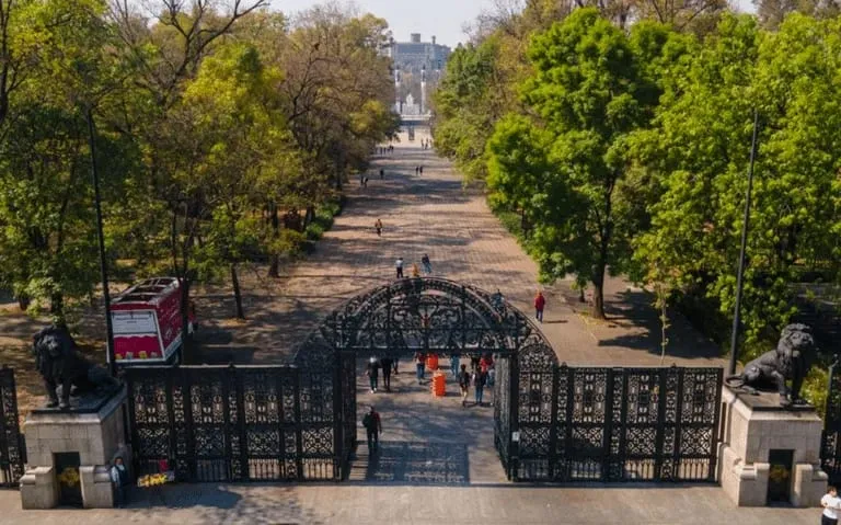 Visitors entering Chapultepec Park near the main gates in Mexico City