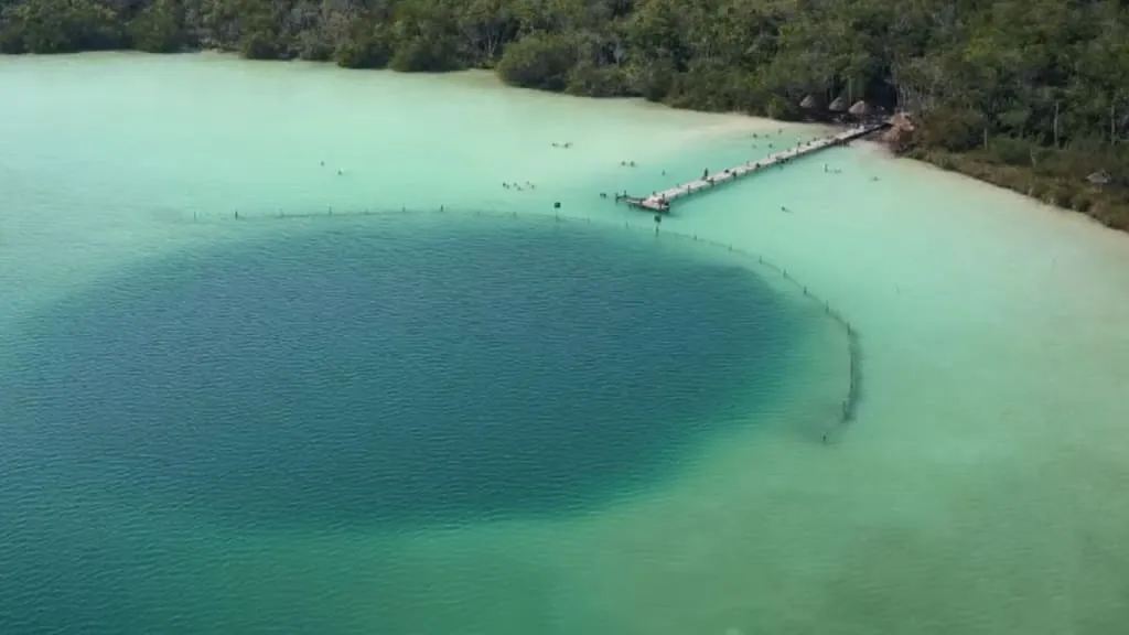 Dark blue cenote circle surrounded by pale freshwater shallows