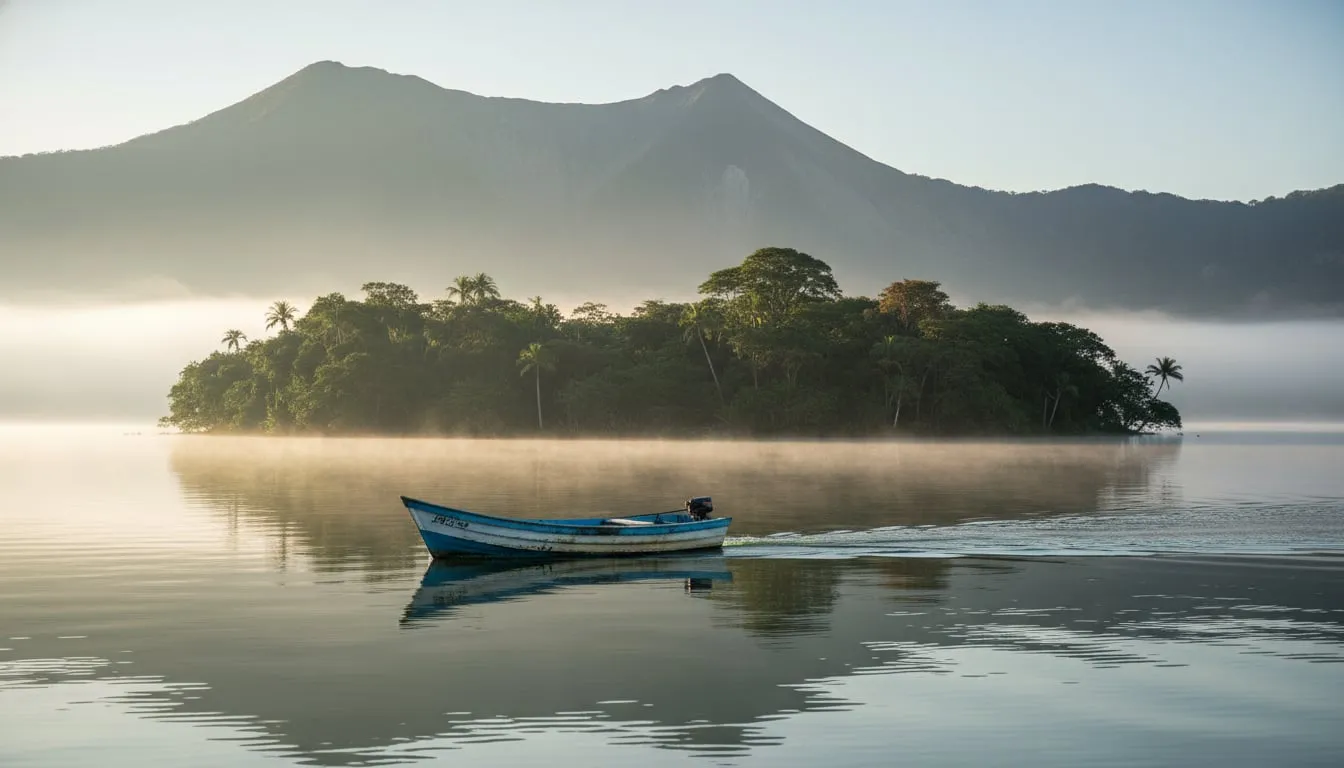 Lake Catemaco volcanic caldera lake in Los Tuxtlas Veracruz Mexico surrounded by rainforest