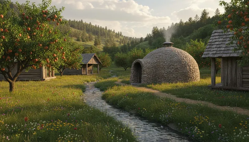 Rustic cabins and temazcal area in the mountain village of Latuvi