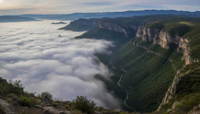 Misty Sierra Norte mountain slopes and forest ridges near Cuajimoloyas