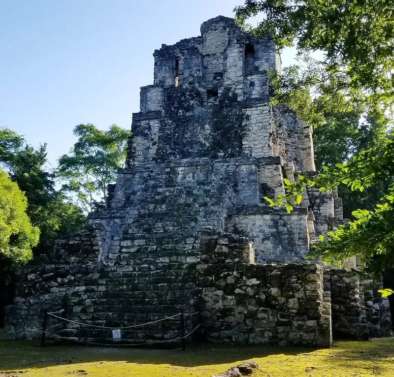 Stone ruins at Muyil surrounded by low Yucatan jungle