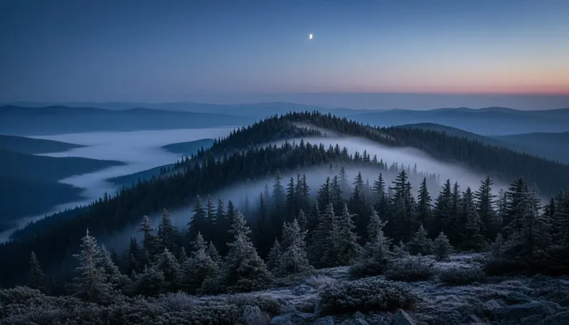 Twilight pine forest in the Sierra Norte mountains near Cuajimoloyas