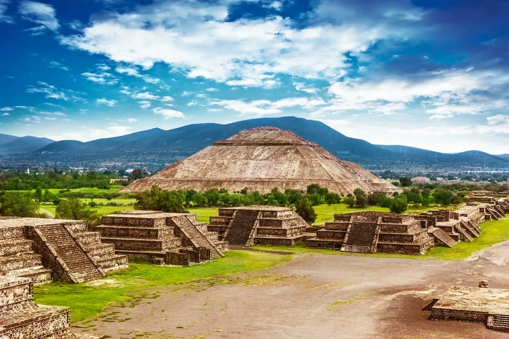 Visitors walking among the Teotihuacan pyramids near Mexico City