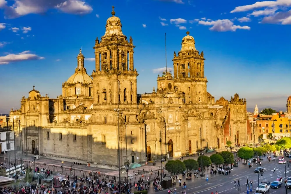 Metropolitan Cathedral towers beside Mexico City’s Zocalo