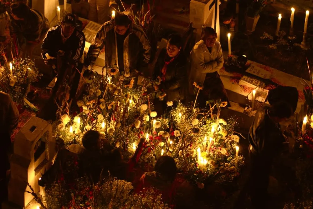 Candles and marigolds for Day of the Dead in San Andres Mixquic