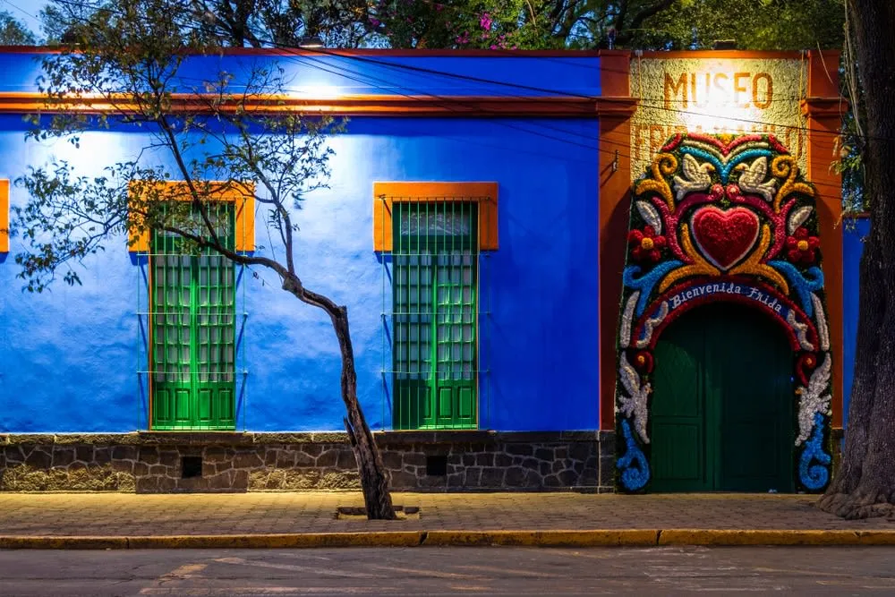 Blue exterior wall of the Frida Kahlo Museum in Coyoacan