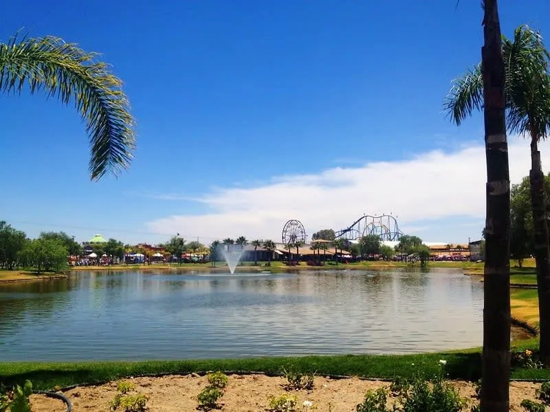 San Marcos fair area in Aguascalientes with evening crowds and warm April weather