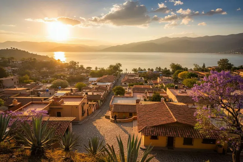 Lake Chapala shoreline below Ajijic with hazy mountains and warm late-spring light