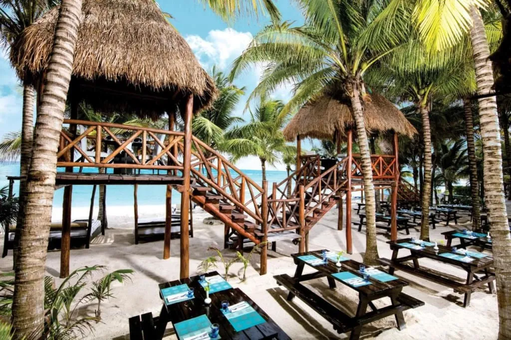 El Dorado Karisma resort palapas and palm trees beside the beach