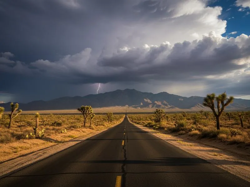 Dramatic desert highway in northern Mexico with mountains in the background showing the vast landscape