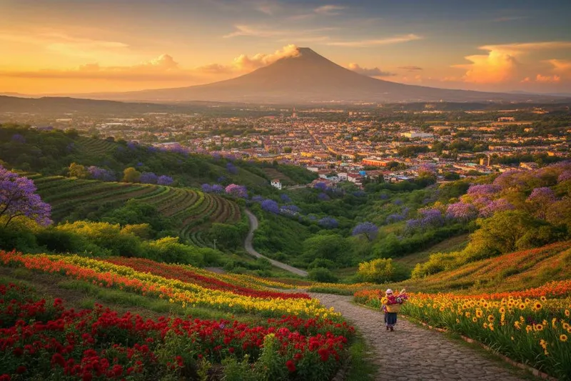Atlixco flower nursery with green Puebla Valley plants beneath summer rain clouds