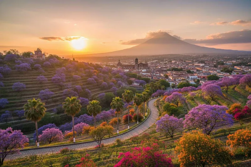 Atlixco flower beds and Puebla Valley hills on a warm May day