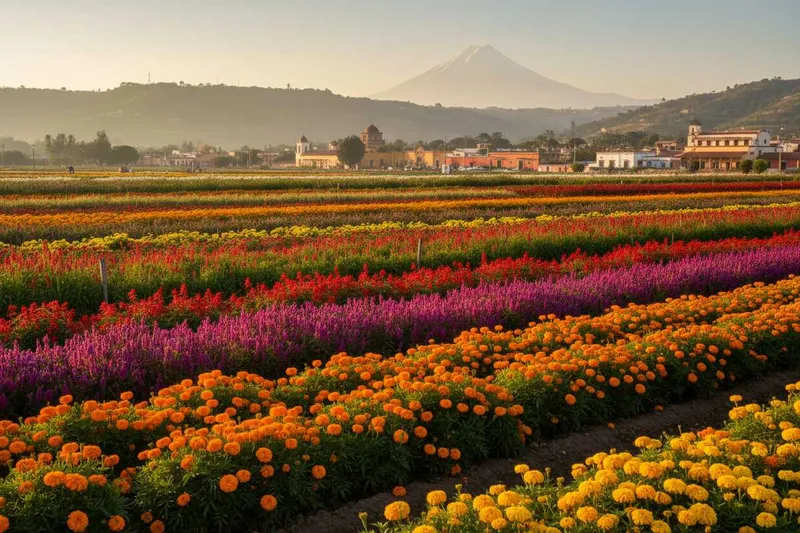 Atlixco flower nursery with rows of plants and clear Puebla Valley morning light
