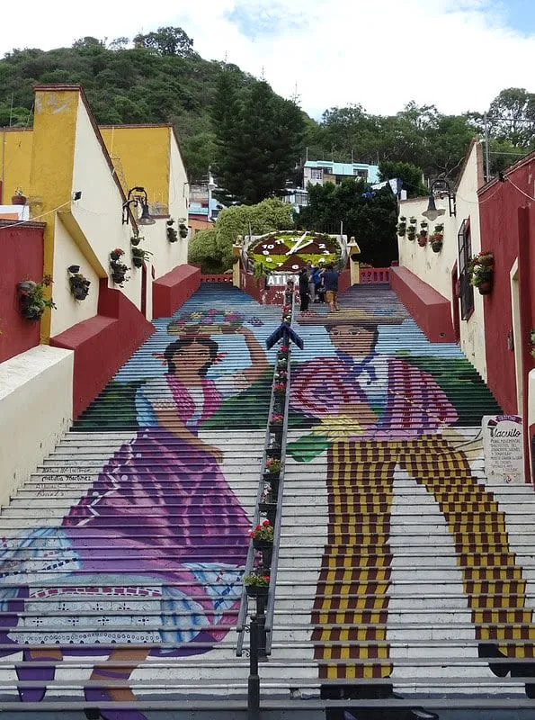Painted Escalera Ancha staircase and clock viewpoint in Atlixco