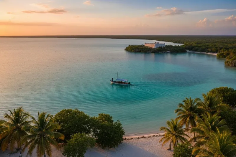 Bacalar in April with blue lagoon water during hot dry-season weather