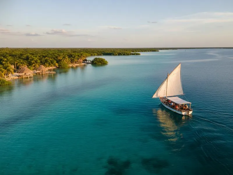 Quiet Bacalar pier at sunset after a humid rainy-season lagoon day