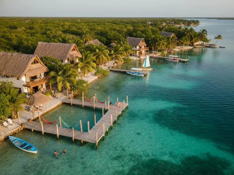 Lakefront Bacalar hotel dock with shaded seating above calm blue water