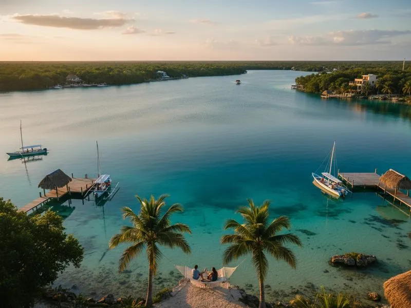 Clear turquoise water beside a Bacalar dock on a bright summer morning