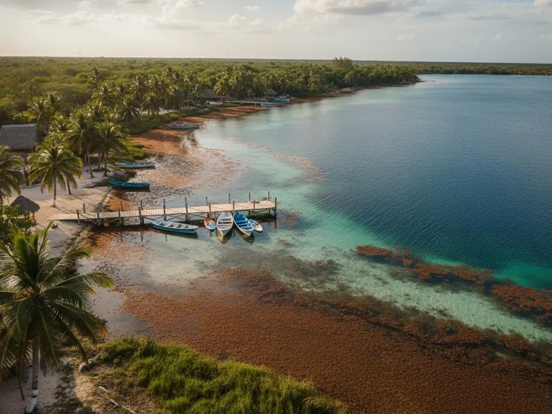 Swimmers entering the clear freshwater lagoon from a quiet Bacalar shoreline