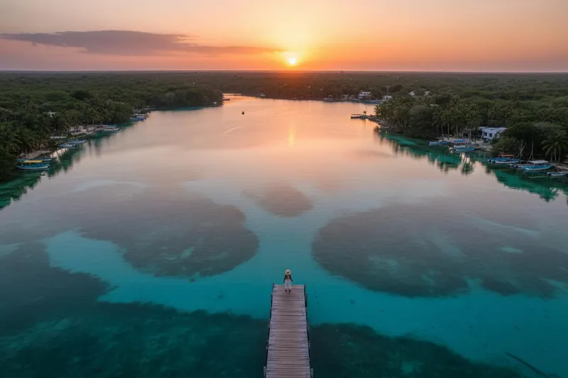 Turquoise Bacalar lagoon under humid June clouds with wooden docks along the shoreline