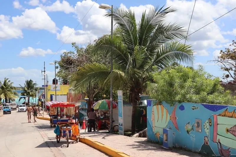 Bacalar town center with colorful buildings and palm trees near the lagoon in Quintana Roo Mexico