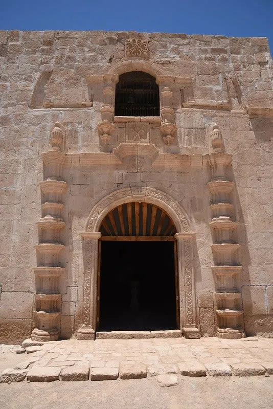 Stone facade of the San Francisco de Borja mission in the Baja desert