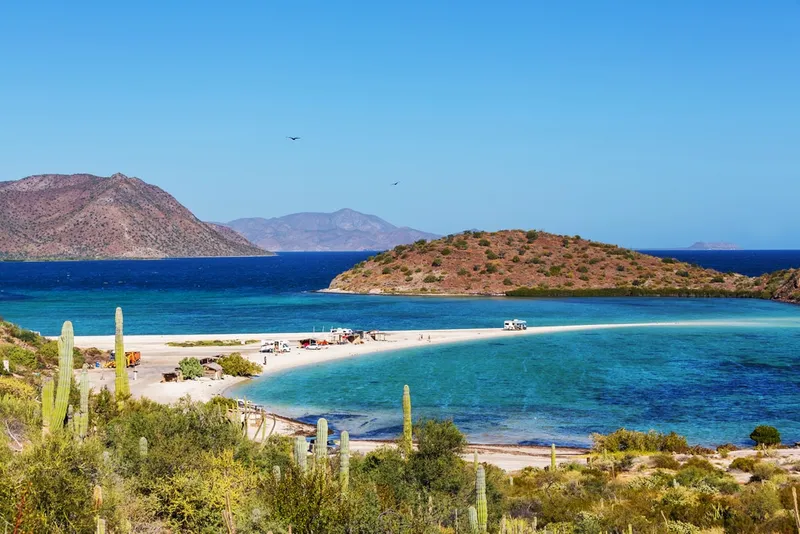 Baja California peninsula landscape with desert cactus and turquoise Sea of Cortez