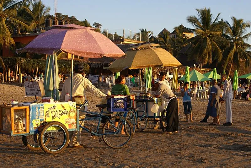 Barra de Navidad fishing village on the Jalisco coast — traditional houses along the lagoon with palm-covered hills behind