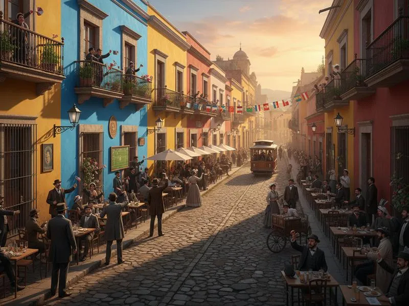 Colorful colonial buildings and cobblestone streets in Monterreys Barrio Antiguo neighborhood at night