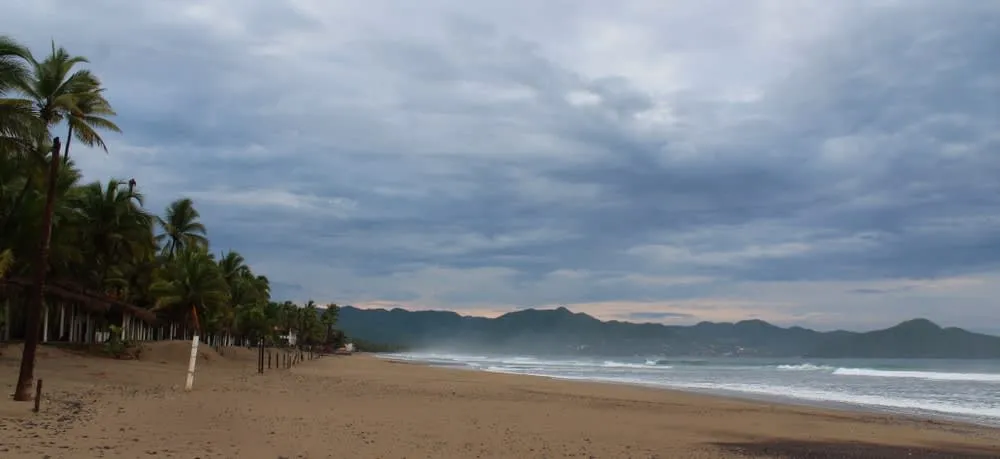 Boca de Iguanas shoreline with palms, sand, and gentle Pacific surf