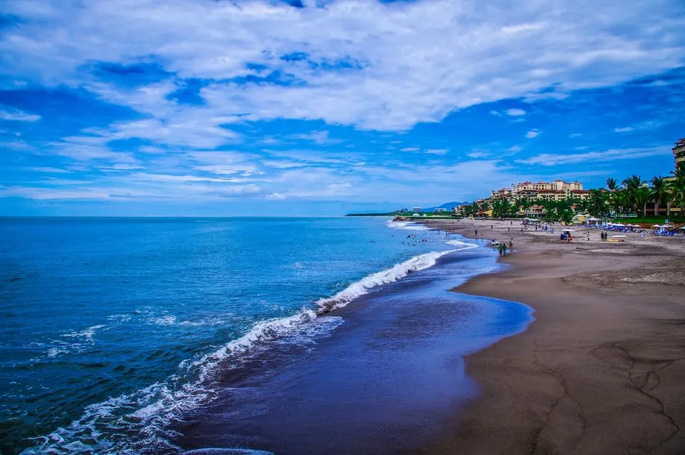 Las Glorias shoreline with palm trees, tall resort buildings, and bay water