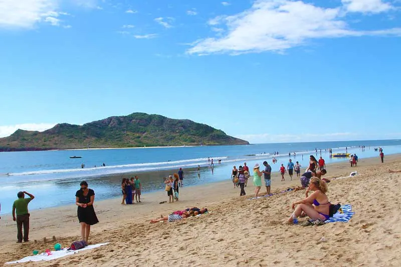 Playa Camaron in Mazatlan with gentle waves near the Hotel Zone boardwalk