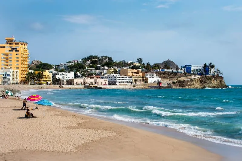 Olas Altas Beach in Old Mazatlan with waves breaking near the oceanfront promenade