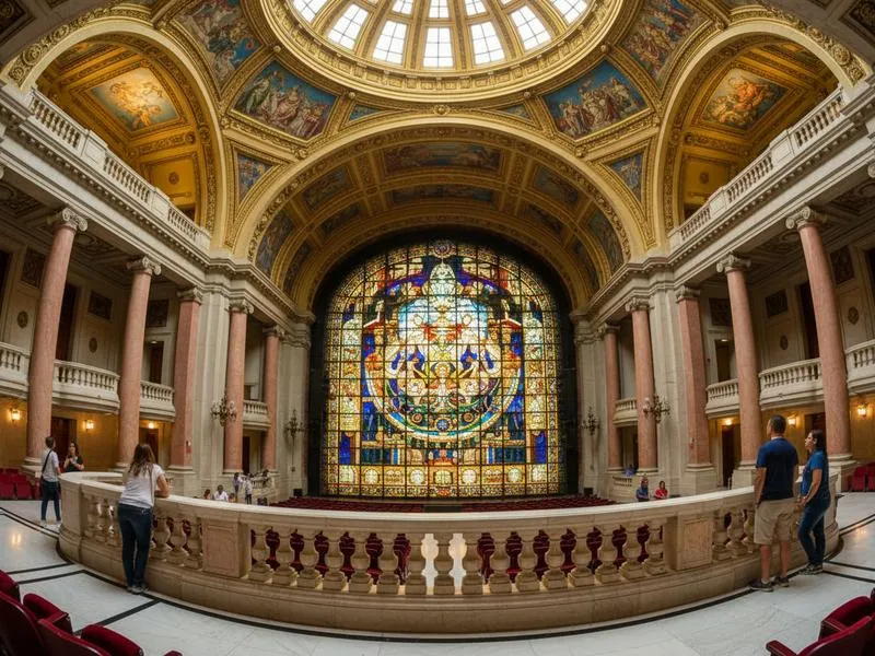 Interior of Palacio de Bellas Artes showing the ornate Art Deco interior with Diego Rivera's murals on the upper floors
