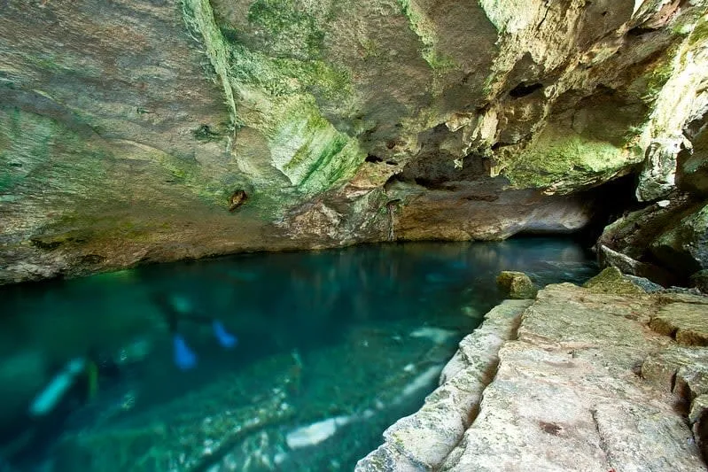 Chac Mool cenote near Puerto Morelos — semi-open cavern with stalactites and shallow clear water