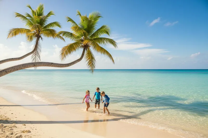 Calm, shallow turquoise beach in Mexico with palm trees, two young children playing safely in ankle-deep water, gentle waves, white sand, brilliant blue sky