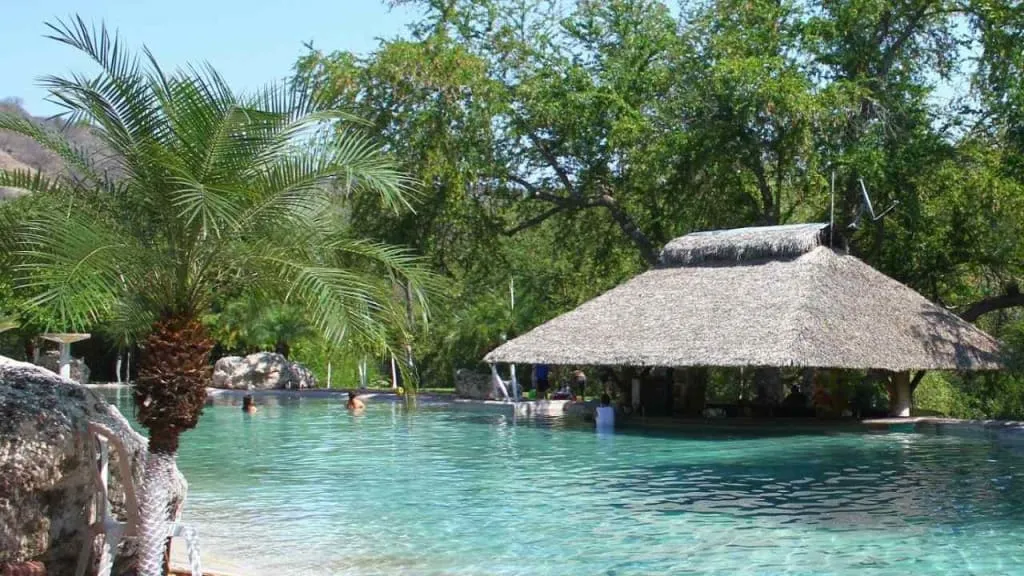 Paraiso Aventura Las Huertas water park in Morelos — natural river pools fed by 1300 liters per second thermal spring