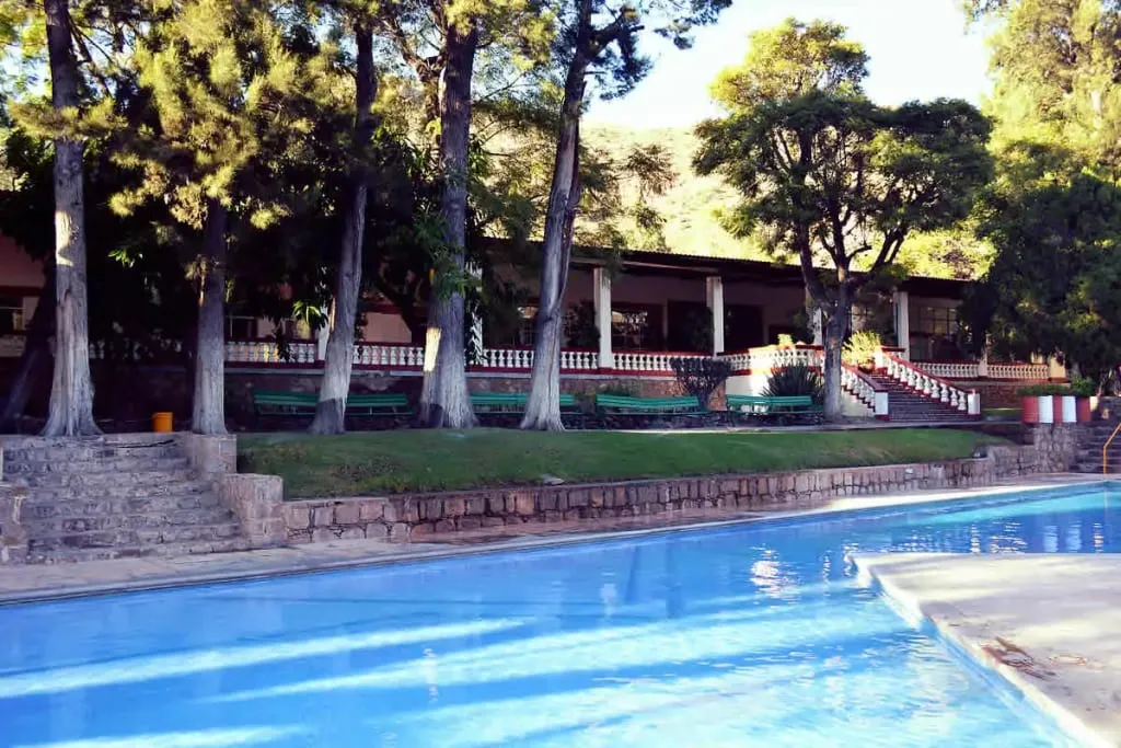 Hotel de Lourdes natural water park in San Luis Potosi — historic 20th-century thermal hotel with alkaline spring pools