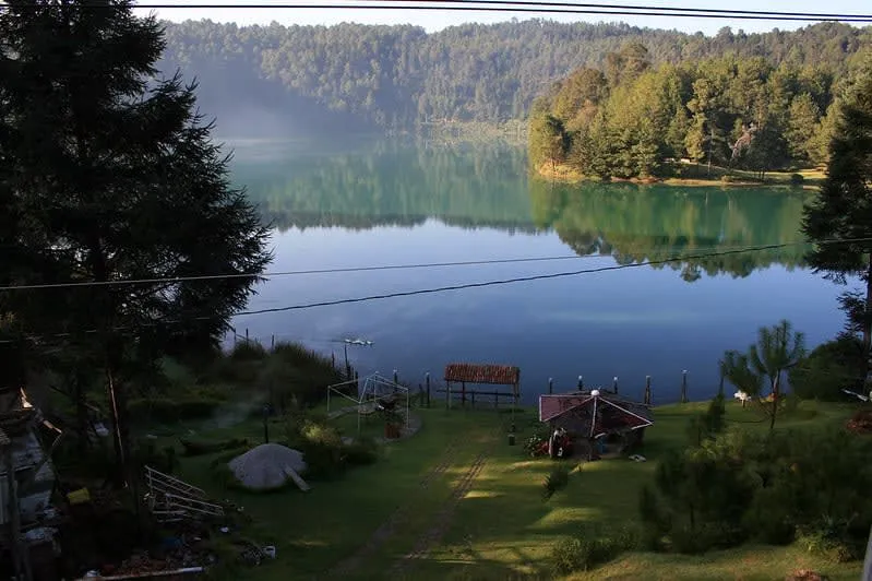 Los Azufres lake and thermal spa zone in the mountains of Michoacan, Mexico — surrounded by pine forest