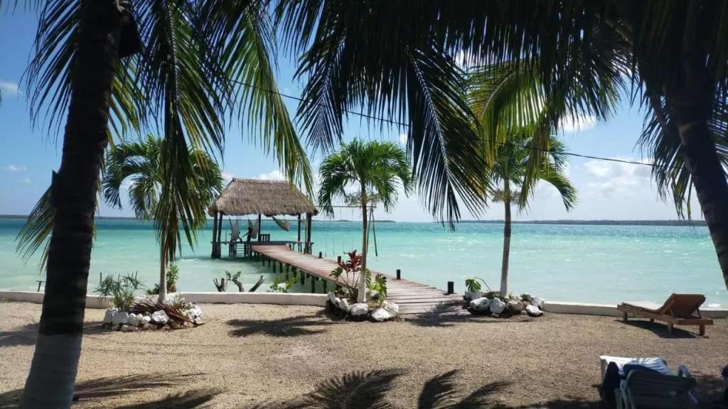 Wayak Bacalar dock and palapa over the Seven Colors Lagoon