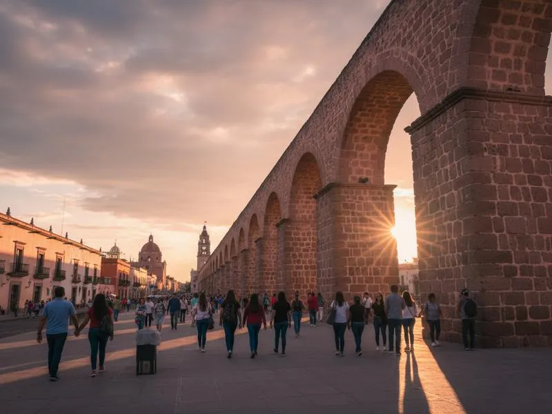 The 74-arch aqueduct of Querétaro stretching across the city skyline at golden hour