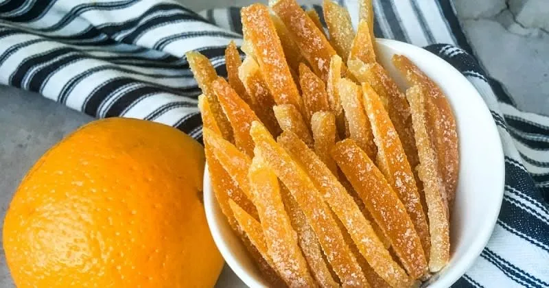 Candied orange peels cut into sugared strips