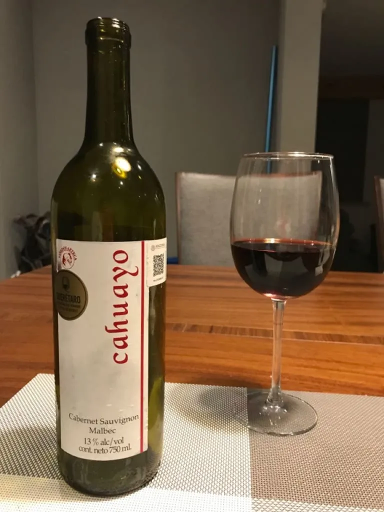 Wine bottle and red wine glass on table