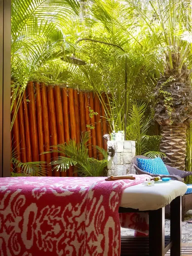 Open-air Las Ventanas spa terrace in Los Cabos with desert landscaping and resort loungers