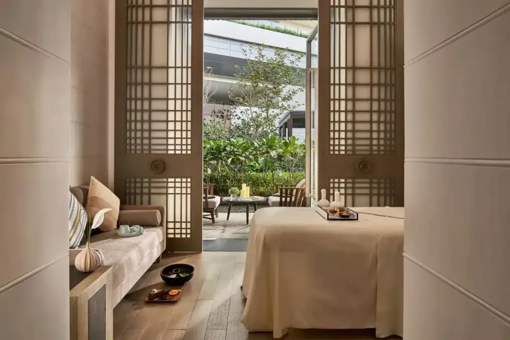 Sense spa courtyard in San Miguel de Allende with colonial stonework and shaded seating