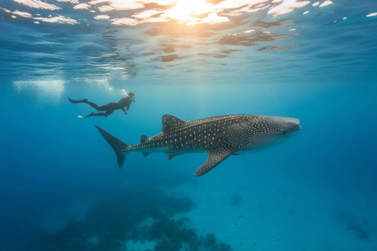An underwater swimmer near a whale shark beneath the sunlit surface