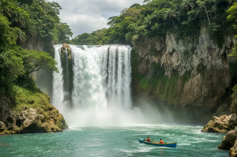 Tamul waterfall in Huasteca Potosina at full power during summer, pouring 105 meters wide into a turquoise river canyon