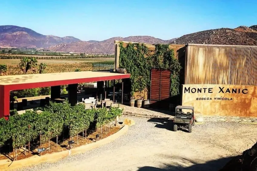 Road through Valle de Guadalupe wine country in Baja California Mexico leading to wineries and olive orchards
