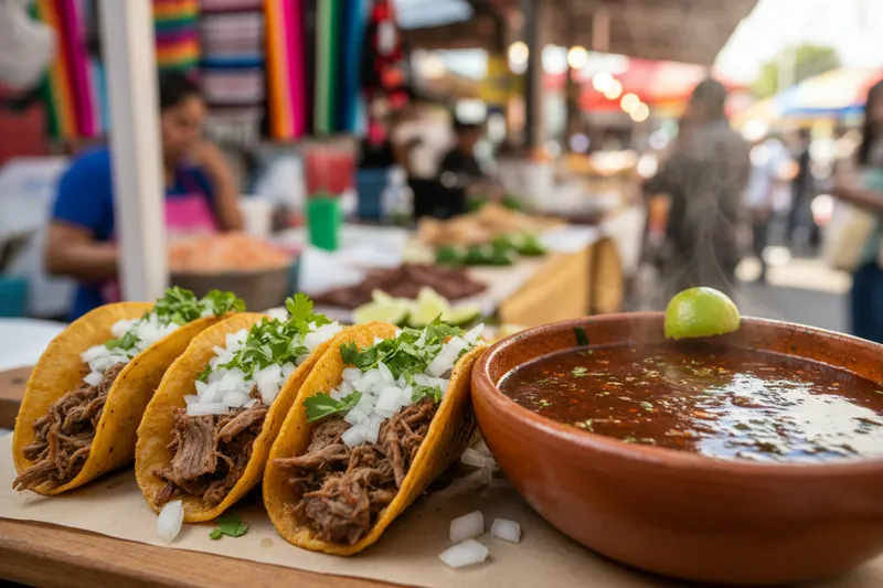 Plate of birria tacos with lime, salsa, and consomme on a Guadalajara table